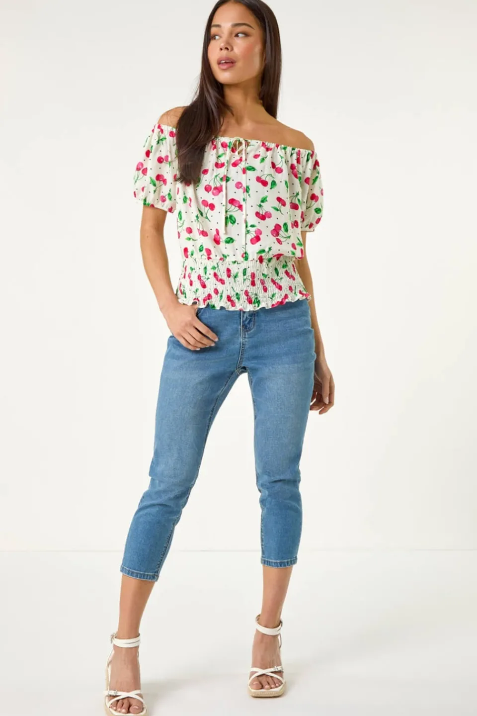Tops>Roman Red Petite Cherry Print Bardot Blouson Top