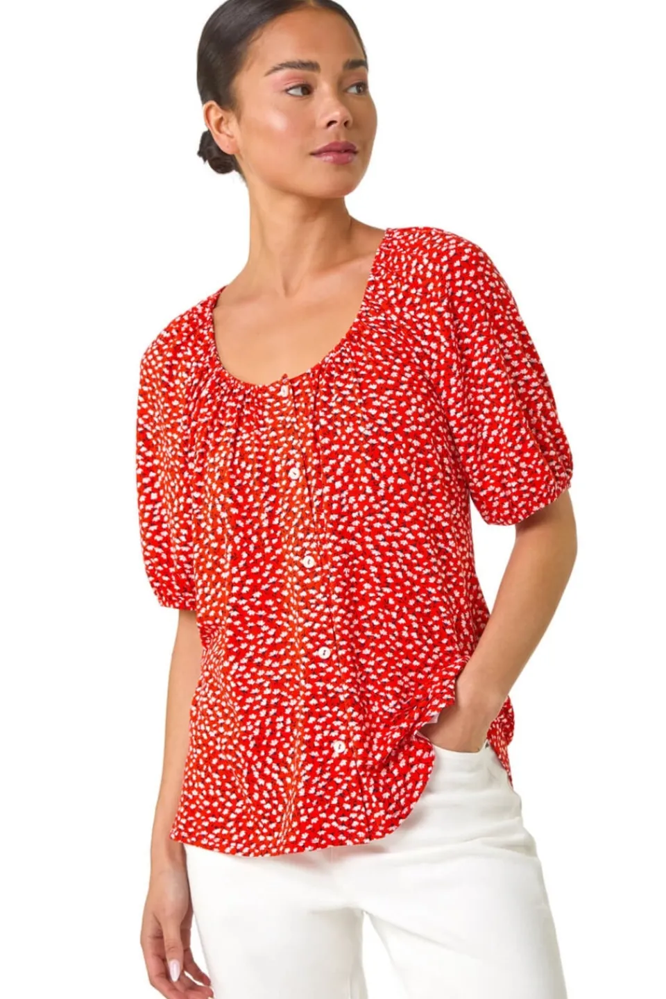 Tops>Roman Red Petite Ditsy Print Button Front Top