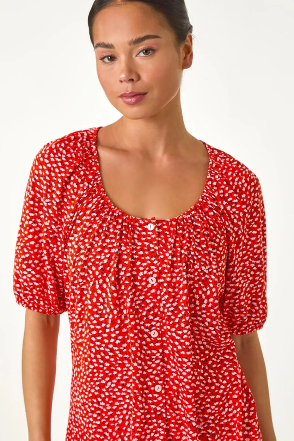 Tops>Roman Red Petite Ditsy Print Button Front Top