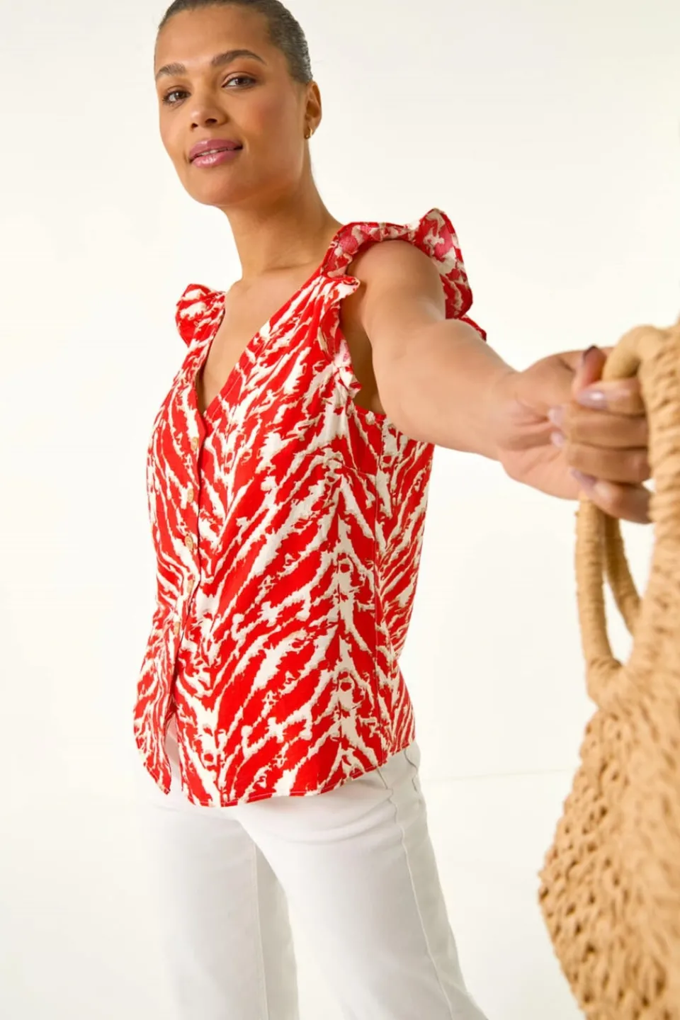 Blouses & Shirts>Roman Red Printed Frill Sleeve Button Blouse