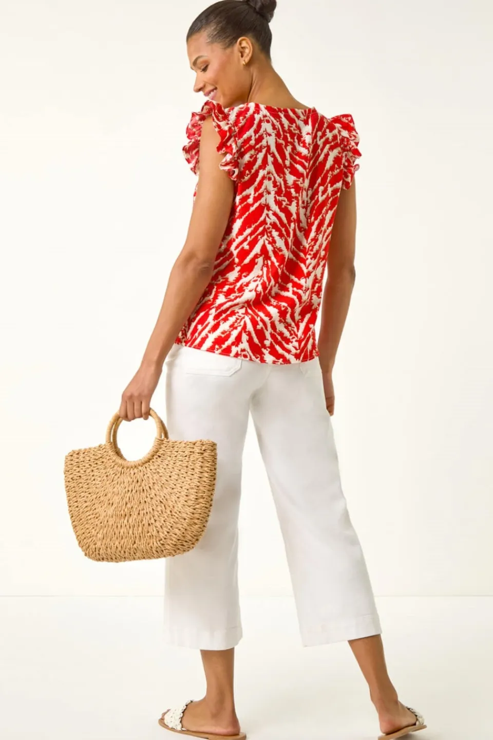Blouses & Shirts>Roman Red Printed Frill Sleeve Button Blouse