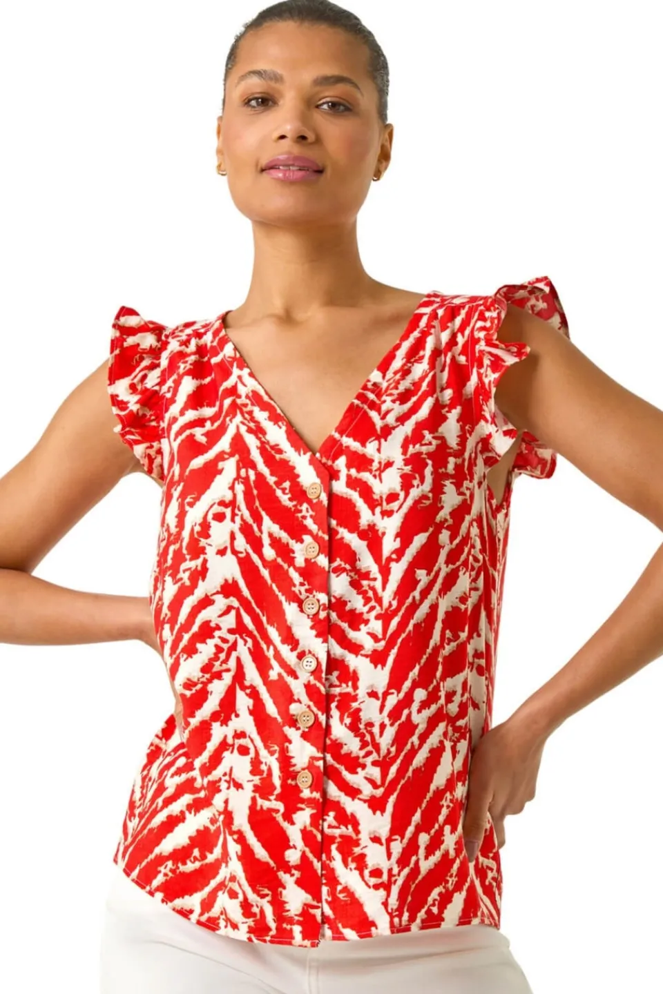 Blouses & Shirts>Roman Red Printed Frill Sleeve Button Blouse