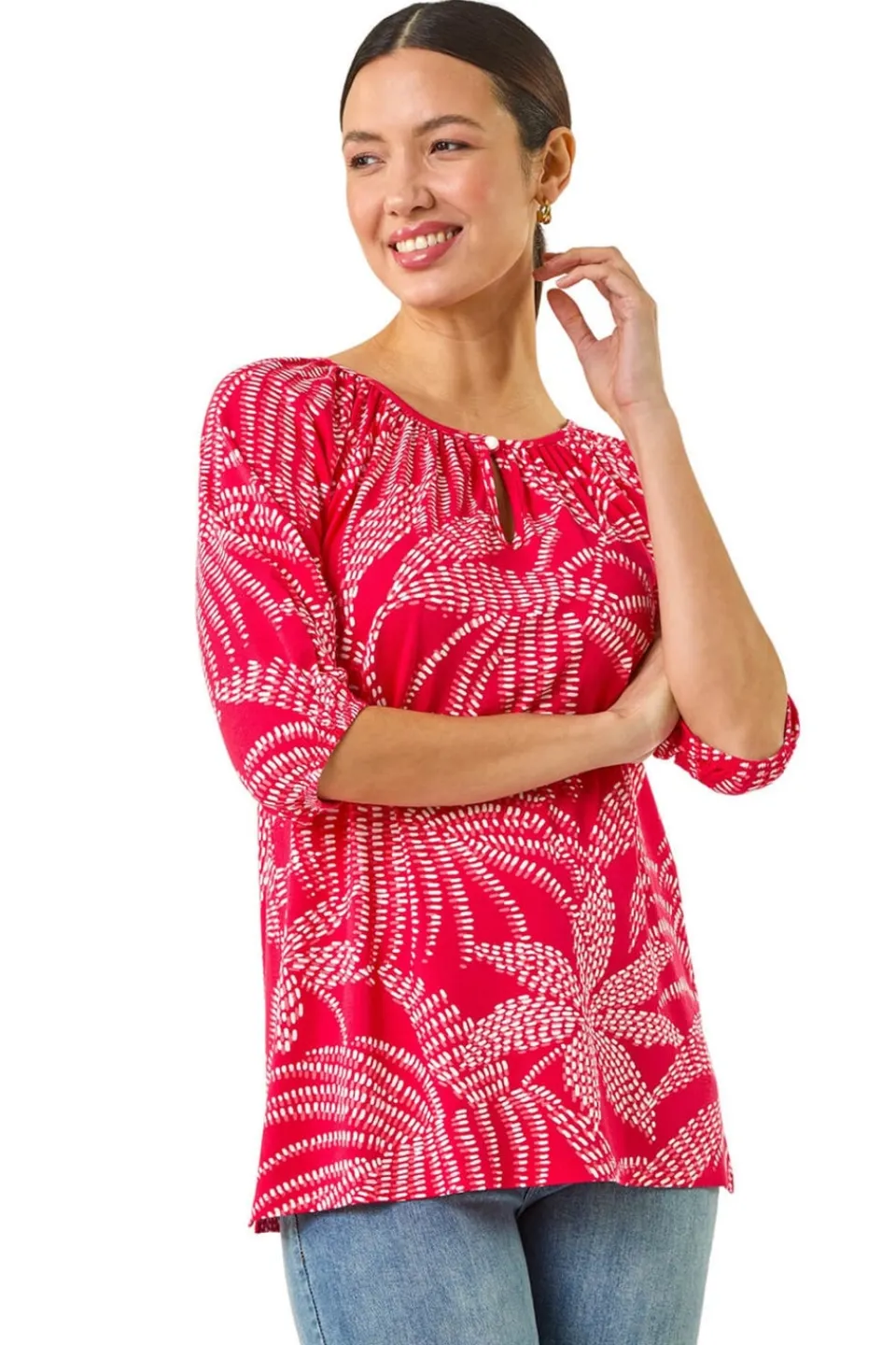 T-Shirts>Roman Red Printed Keyhole Front Stretch Top