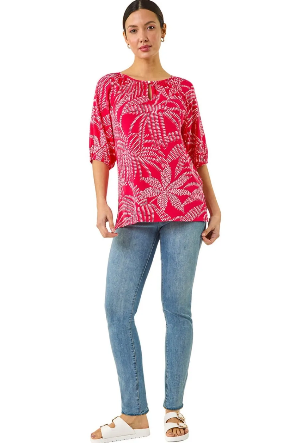 T-Shirts>Roman Red Printed Keyhole Front Stretch Top