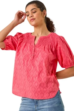 Tops>Roman Red Shirred Neck Textured Top