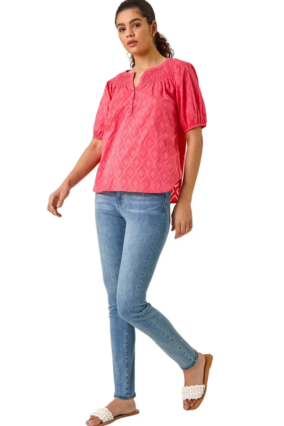 Tops>Roman Red Shirred Neck Textured Top