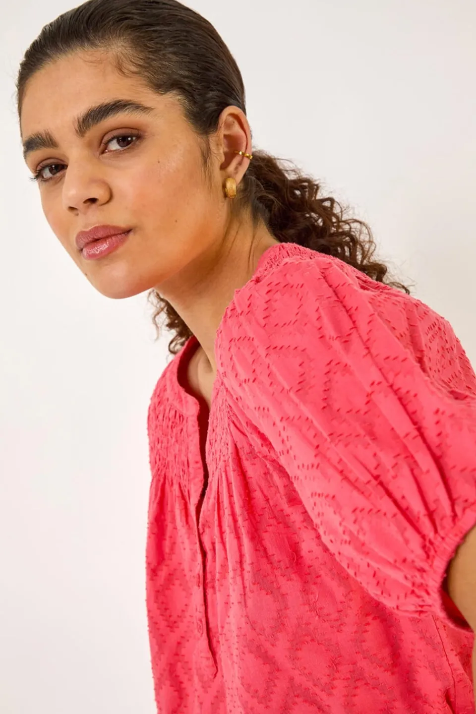 Tops>Roman Red Shirred Neck Textured Top