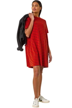 Dresses>Roman Red Stripe Print Jersey T Shirt Dress
