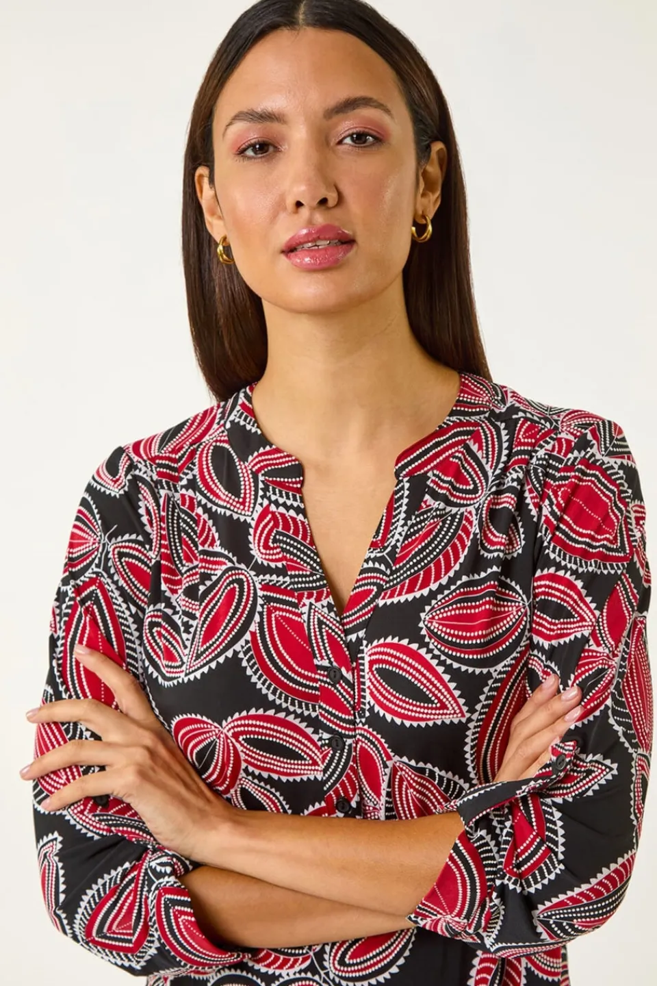 Blouses & Shirts>Roman Red Textured Leaf Print V-Neck Stretch Shirt