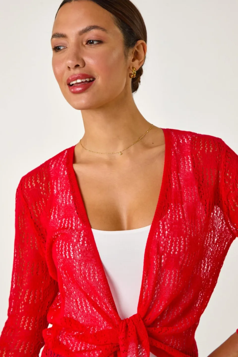 Tops>Roman Red Textured Light Knit Shrug