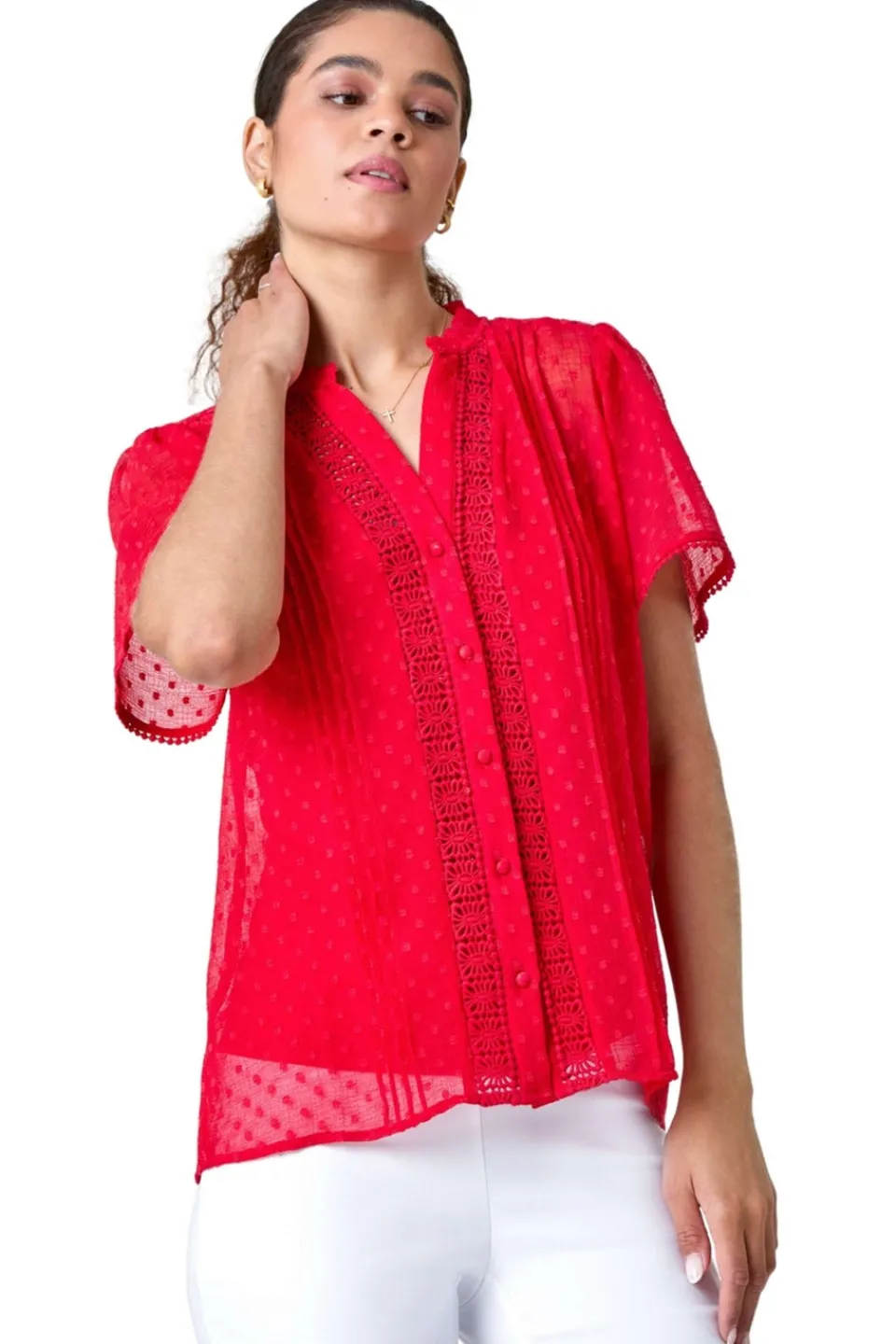 Tops>Roman Red Textured Spot Lace Trim Blouse