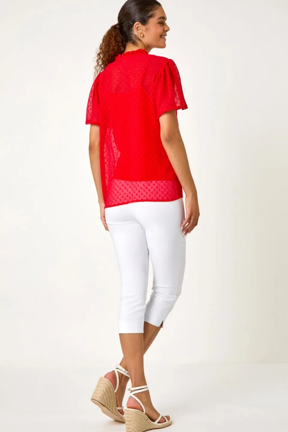 Tops>Roman Red Textured Spot Lace Trim Blouse