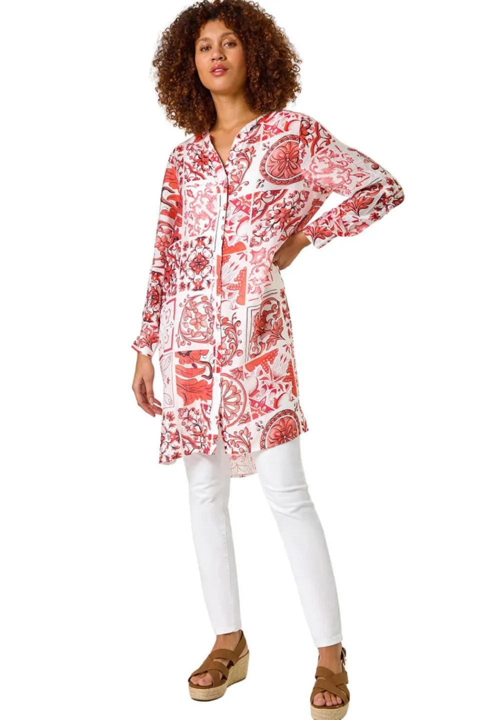 Tops>Roman Red Tile Print Longline Blouse