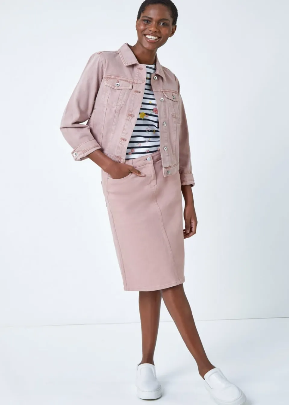Skirts>Roman Cotton Denim Stretch A line Skirt Rose