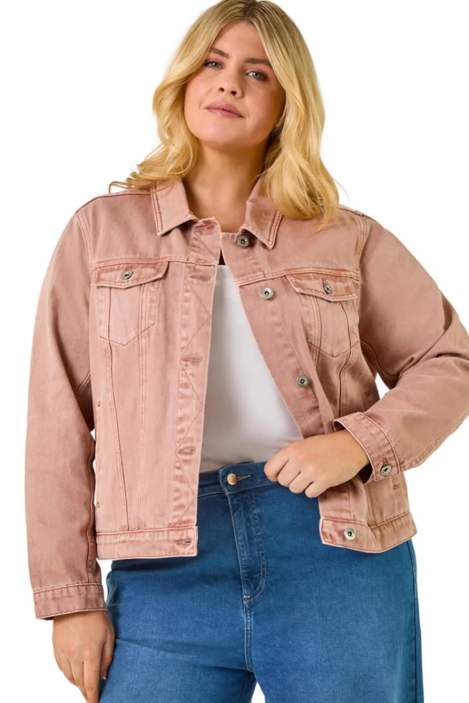 Coats & Jackets>Roman Rose Curve Mid Wash Denim Jacket