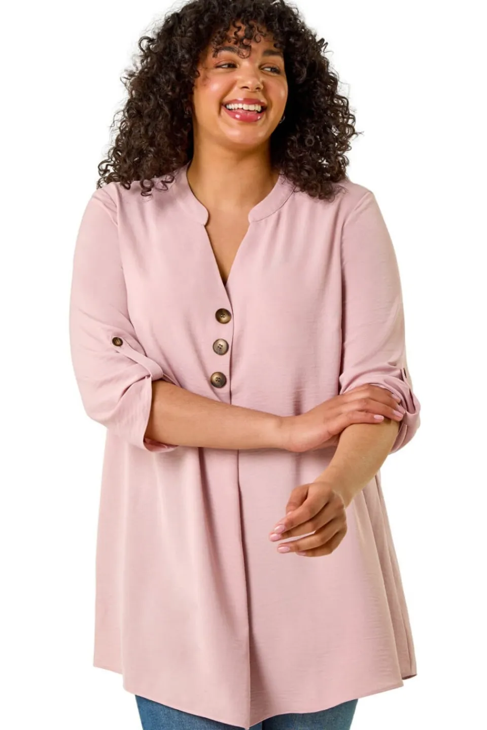 Tops>Roman Rose Curve Textured Buttoned Tunic Top