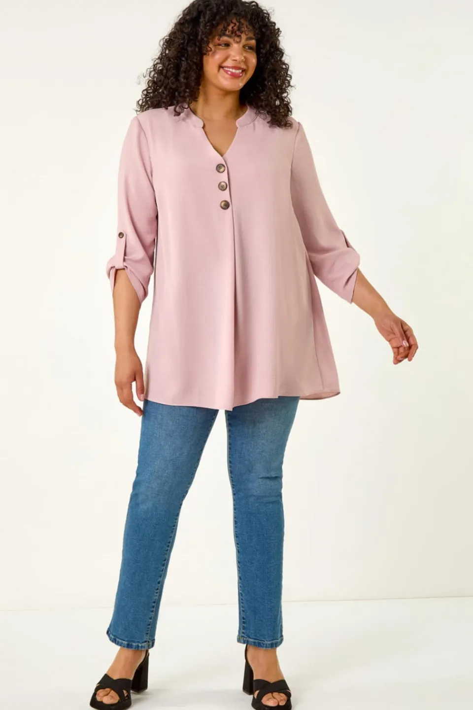 Tops>Roman Rose Curve Textured Buttoned Tunic Top