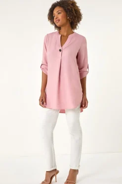 Tops>Roman Longline V Neck Button Tunic Top Rose