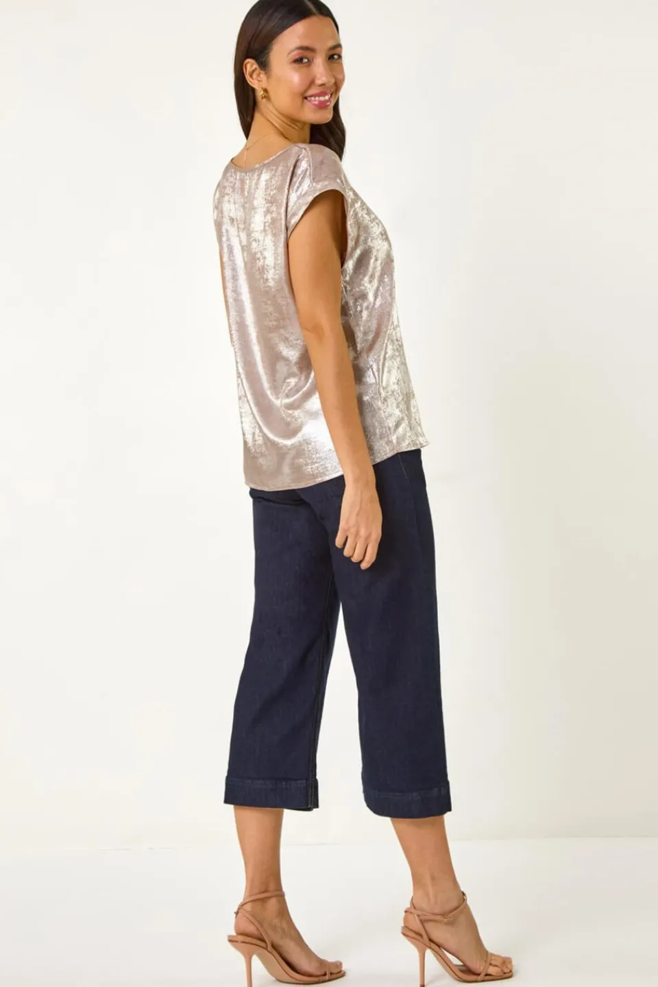 Tops>Roman Rose Metallic Print Shell Top