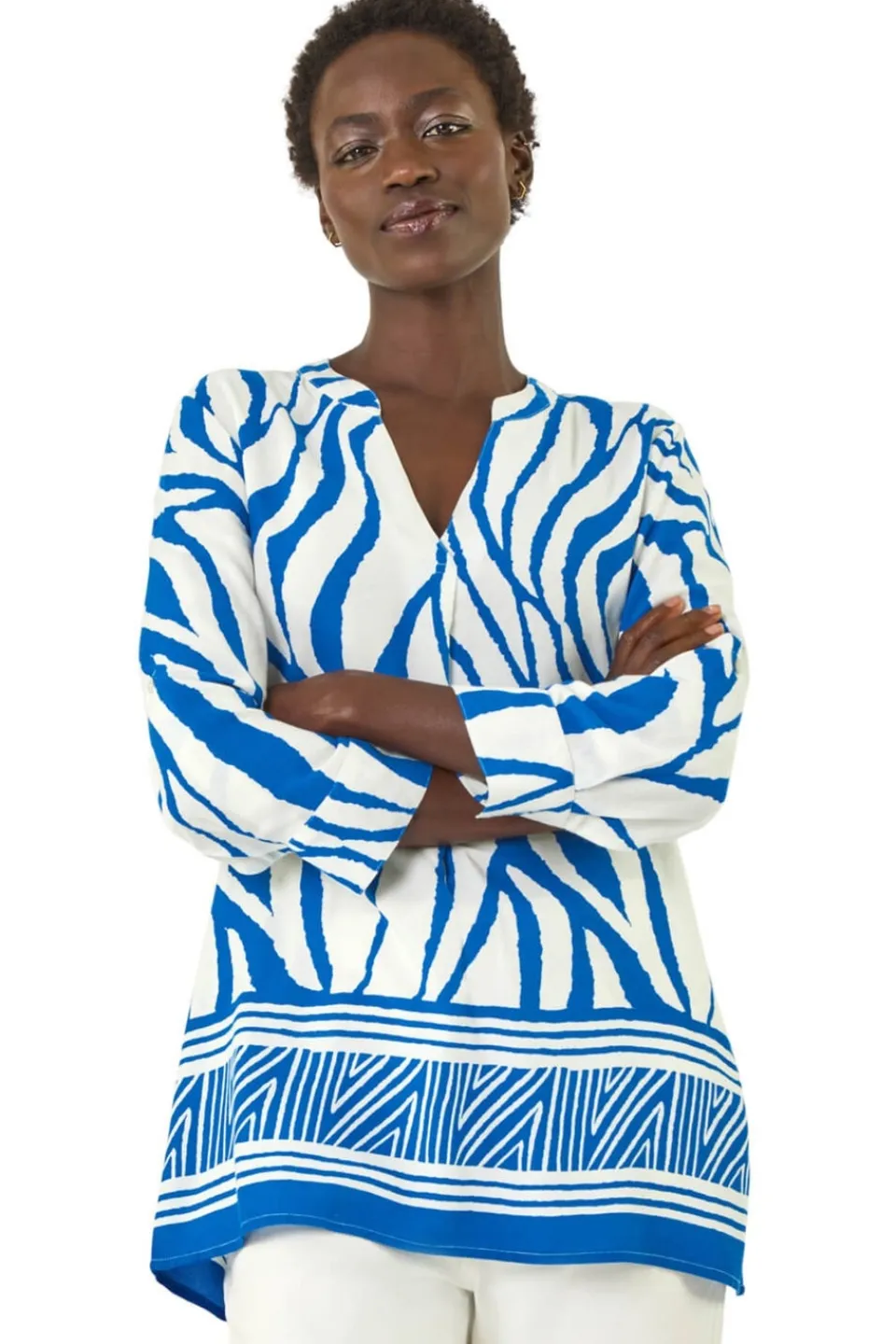 Tops>Roman Royal Blue Abstract Print Border Pleat Top