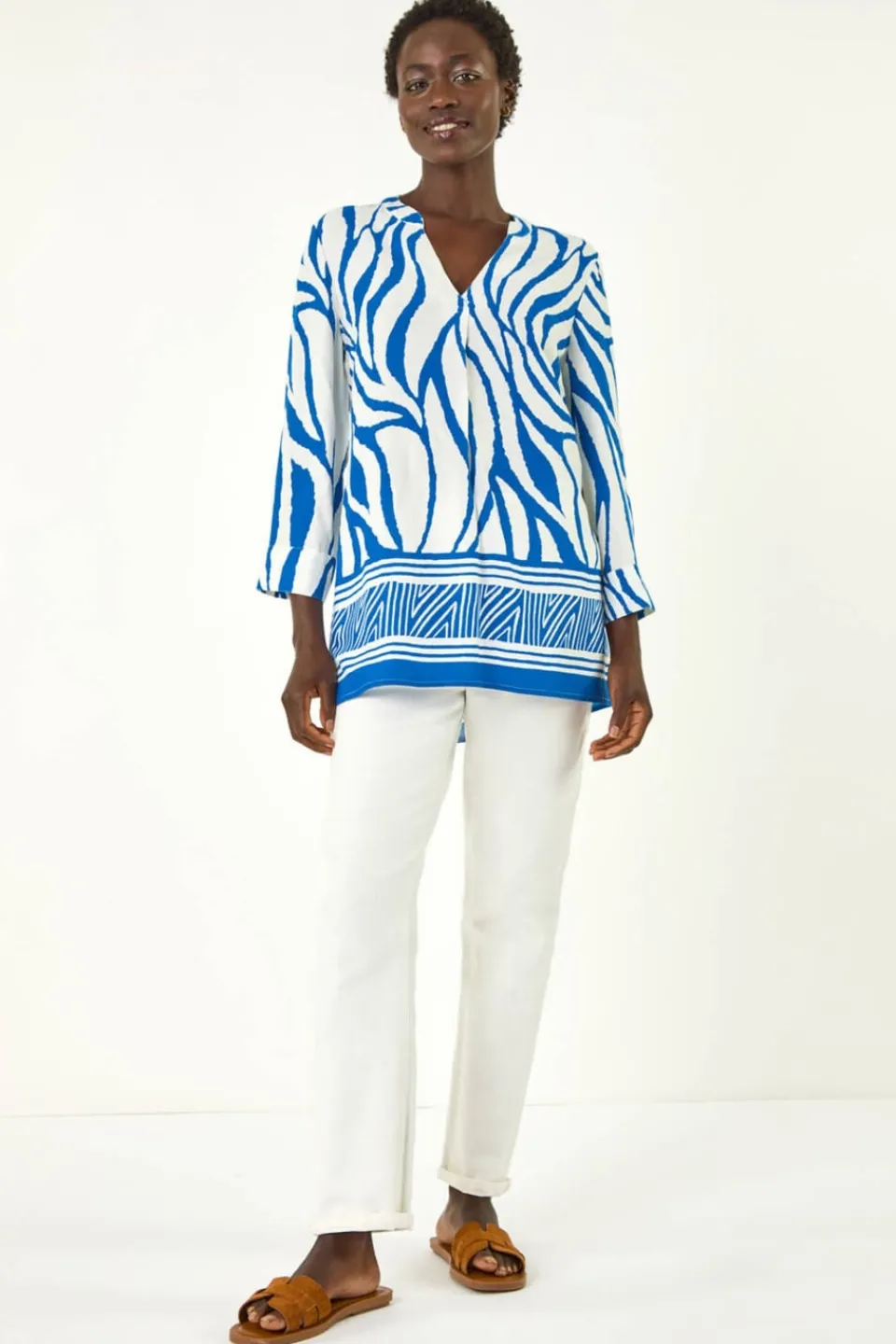 Tops>Roman Royal Blue Abstract Print Border Pleat Top