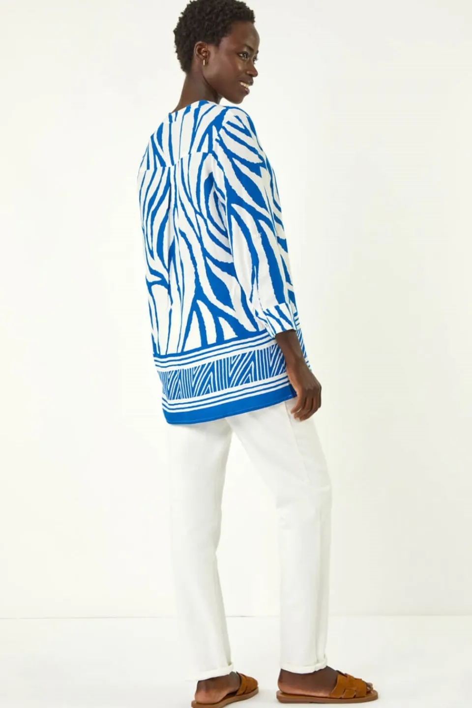 Tops>Roman Royal Blue Abstract Print Border Pleat Top