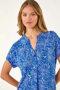 Tops>Roman Royal Blue Abstract Print V Neck Stretch Top