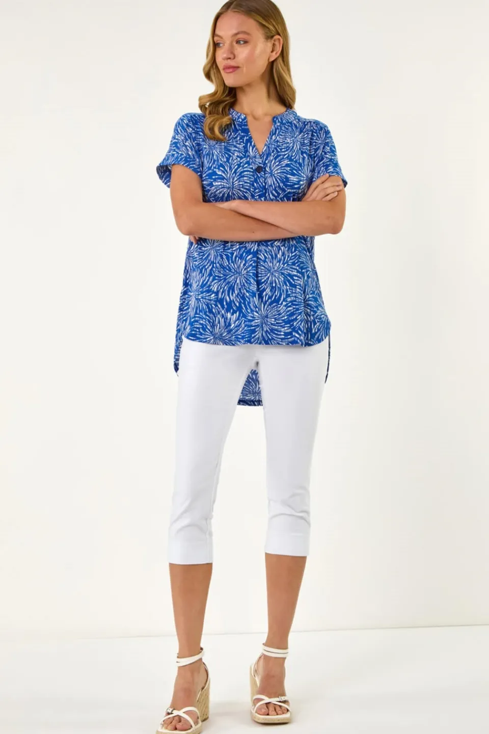 Tops>Roman Royal Blue Abstract Print V Neck Stretch Top