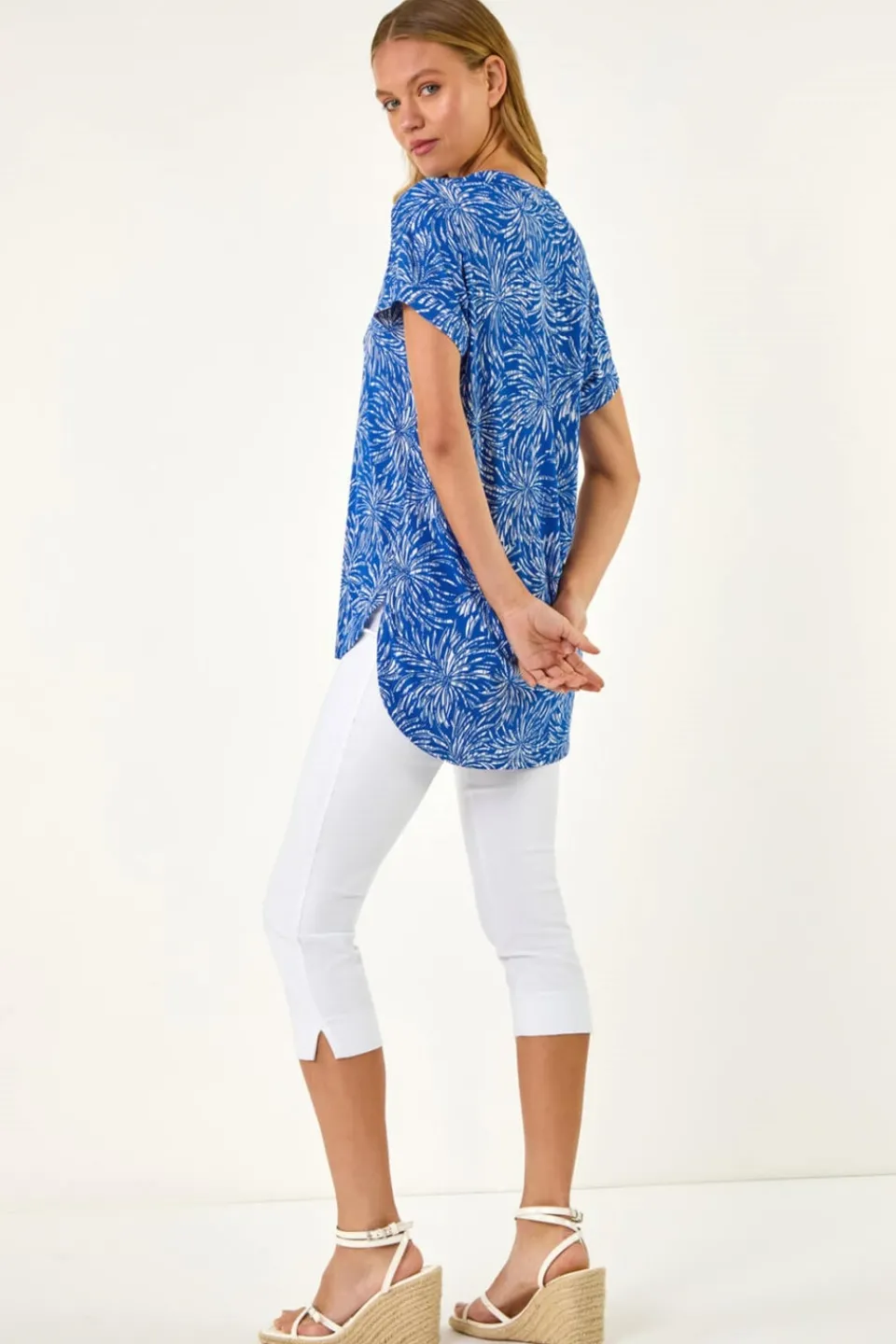 Tops>Roman Royal Blue Abstract Print V Neck Stretch Top