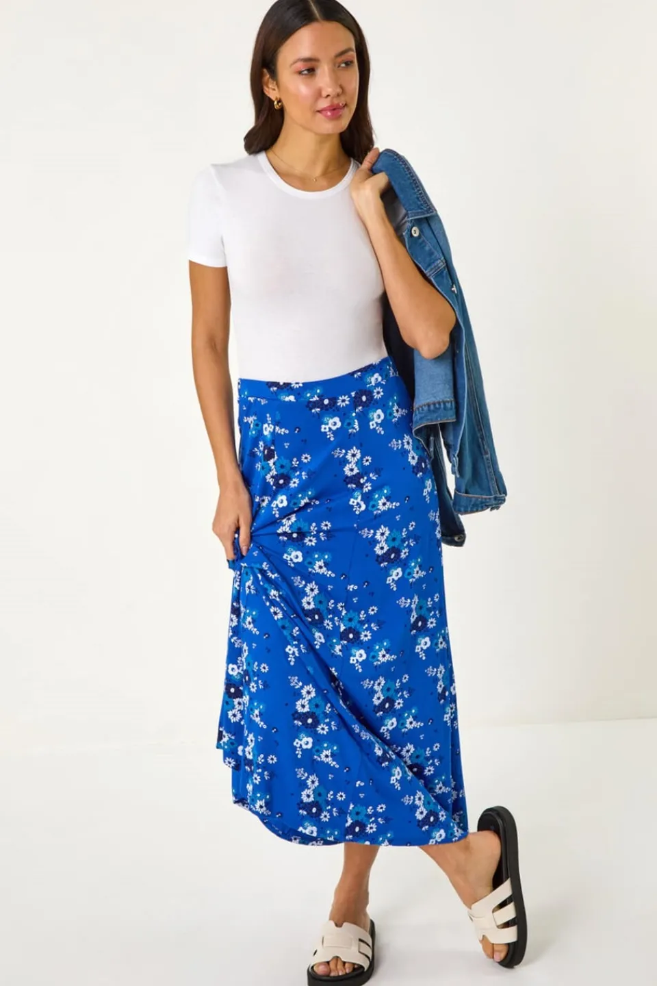 Skirts>Roman Royal Blue Diagonal Ditsy Floral Print Skirt