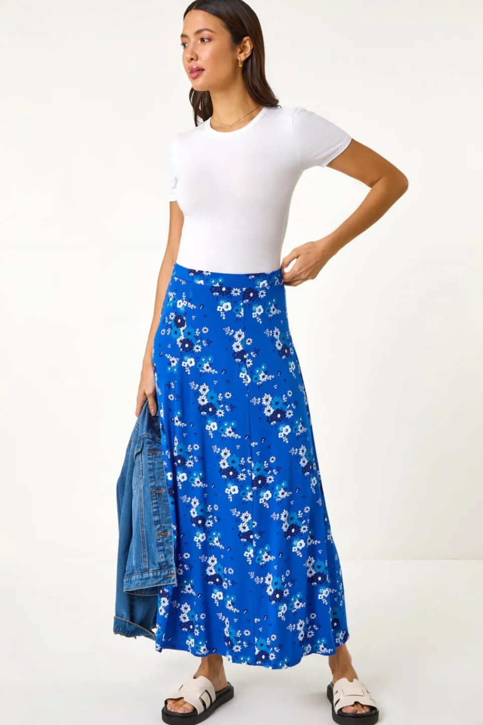 Skirts>Roman Royal Blue Diagonal Ditsy Floral Print Skirt