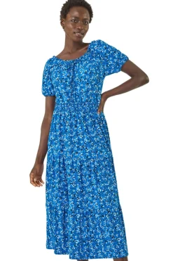 Dresses>Roman Royal Blue Ditsy Print Frill Stretch Midi Dress