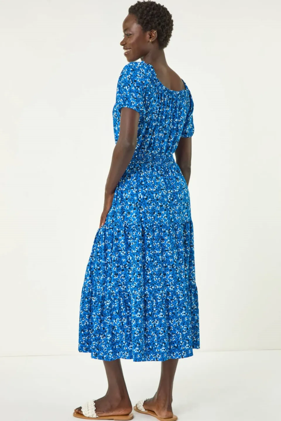 Dresses>Roman Royal Blue Ditsy Print Frill Stretch Midi Dress