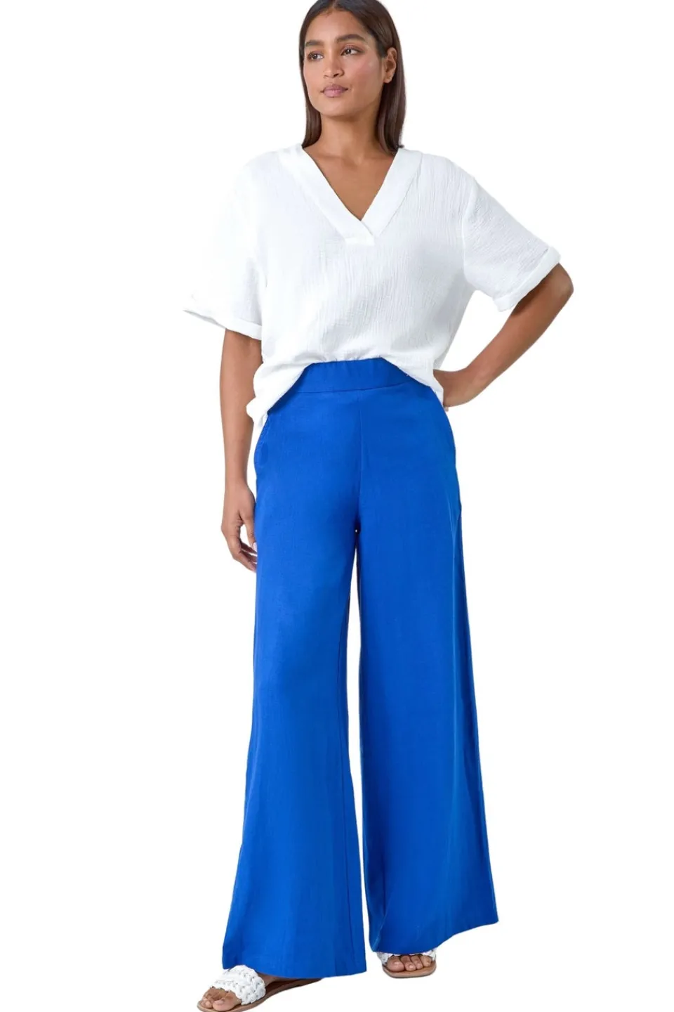 Trousers>Roman Royal Blue Linen Blend Elastic Waist Wide Leg Trousers