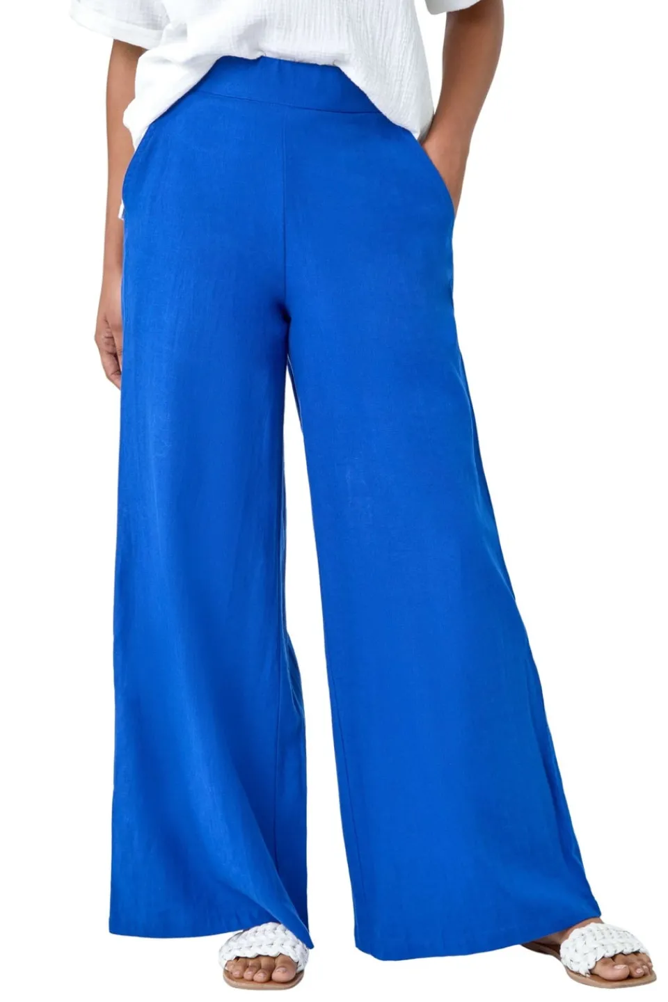 Trousers>Roman Royal Blue Linen Blend Elastic Waist Wide Leg Trousers