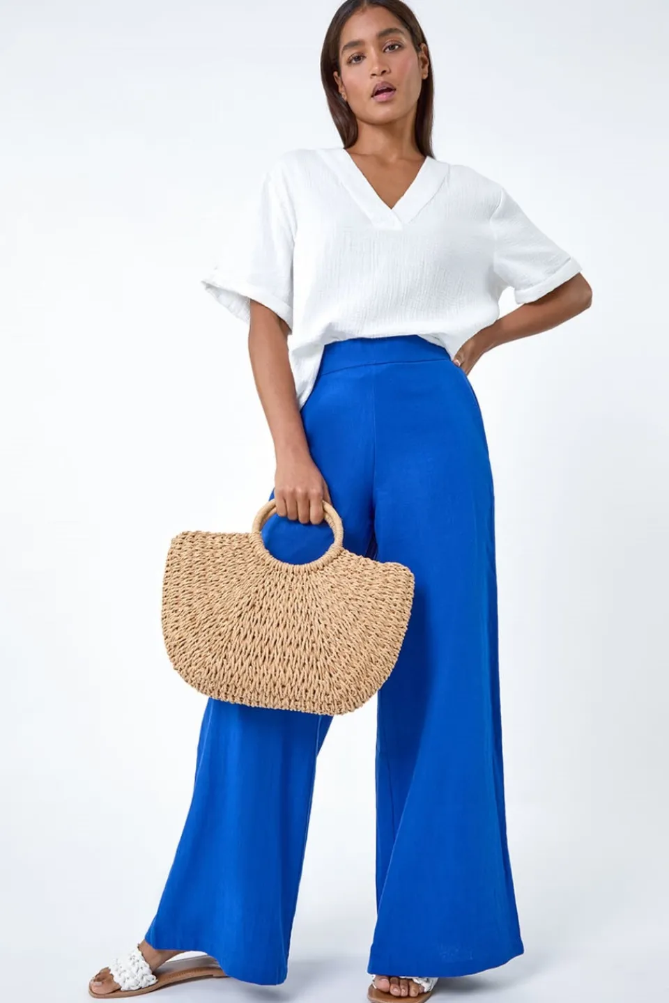 Trousers>Roman Royal Blue Linen Blend Elastic Waist Wide Leg Trousers