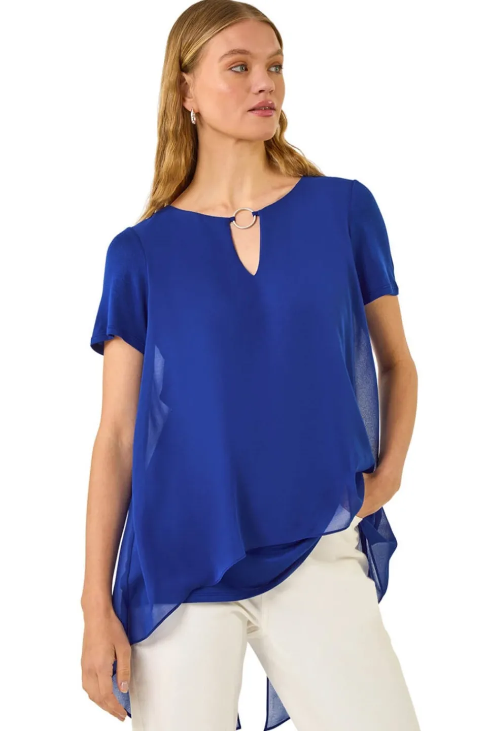 Blouses & Shirts>Roman Royal Blue Ring Front Chiffon Overlay Top
