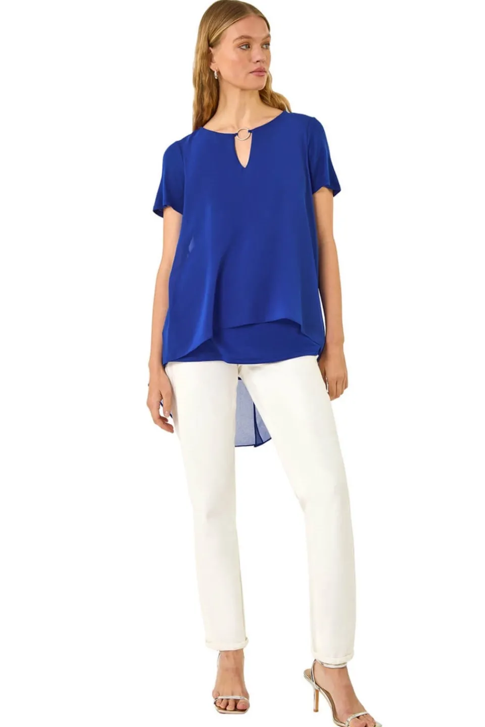 Blouses & Shirts>Roman Royal Blue Ring Front Chiffon Overlay Top