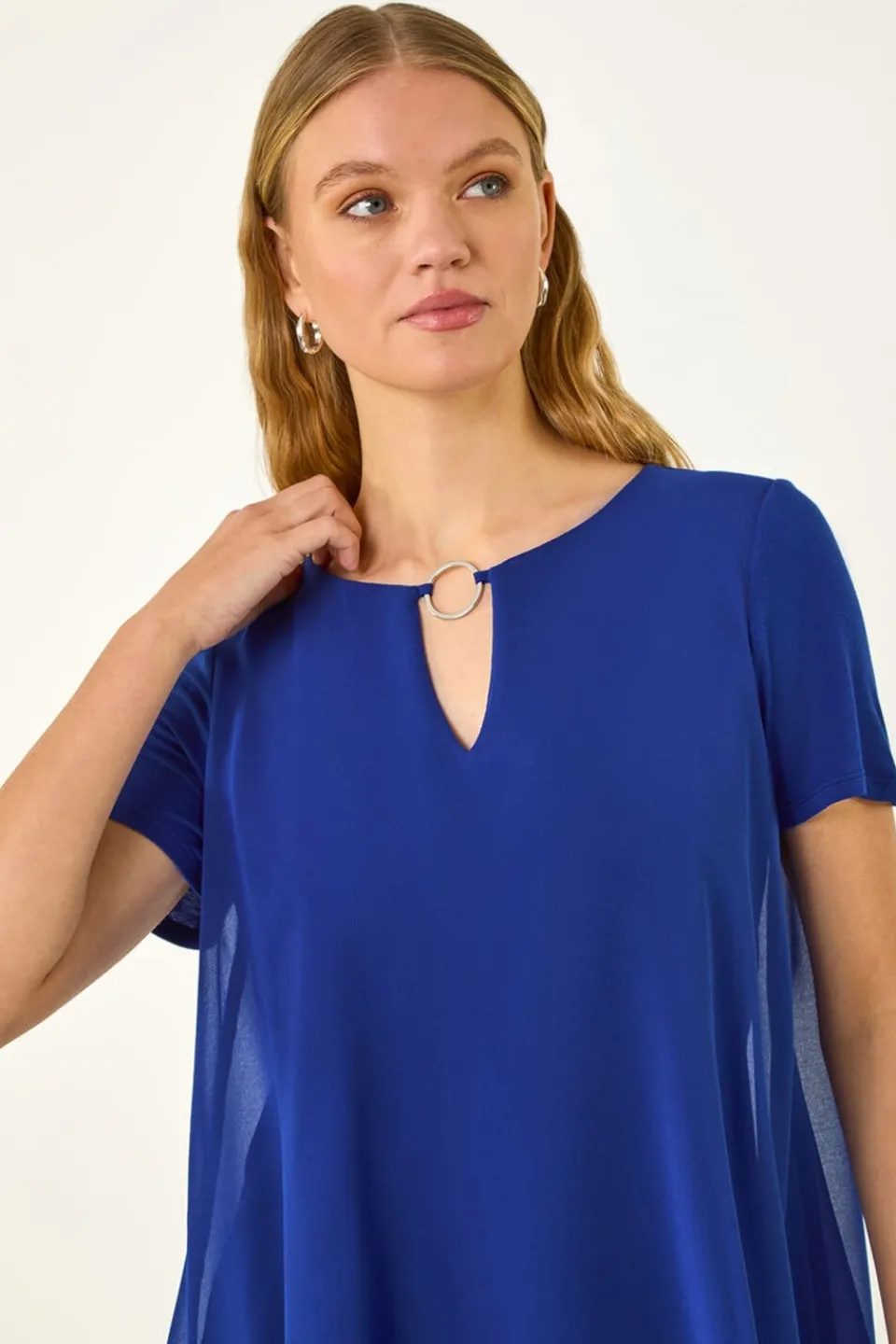 Blouses & Shirts>Roman Royal Blue Ring Front Chiffon Overlay Top