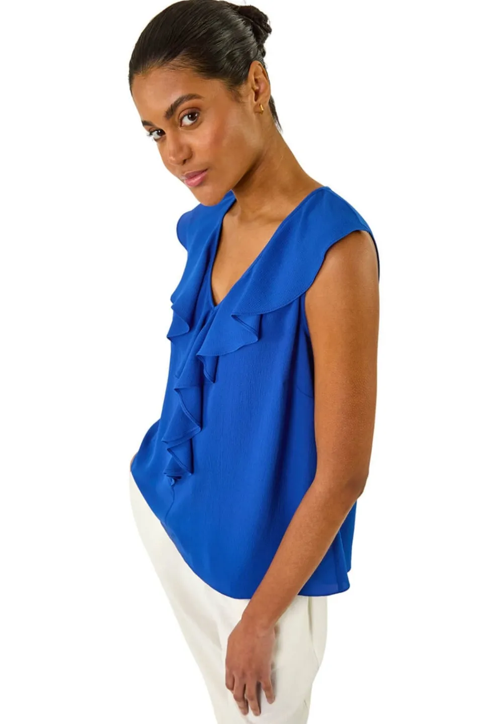 Tops>Roman Royal Blue Ruffle V Neck Vest Top