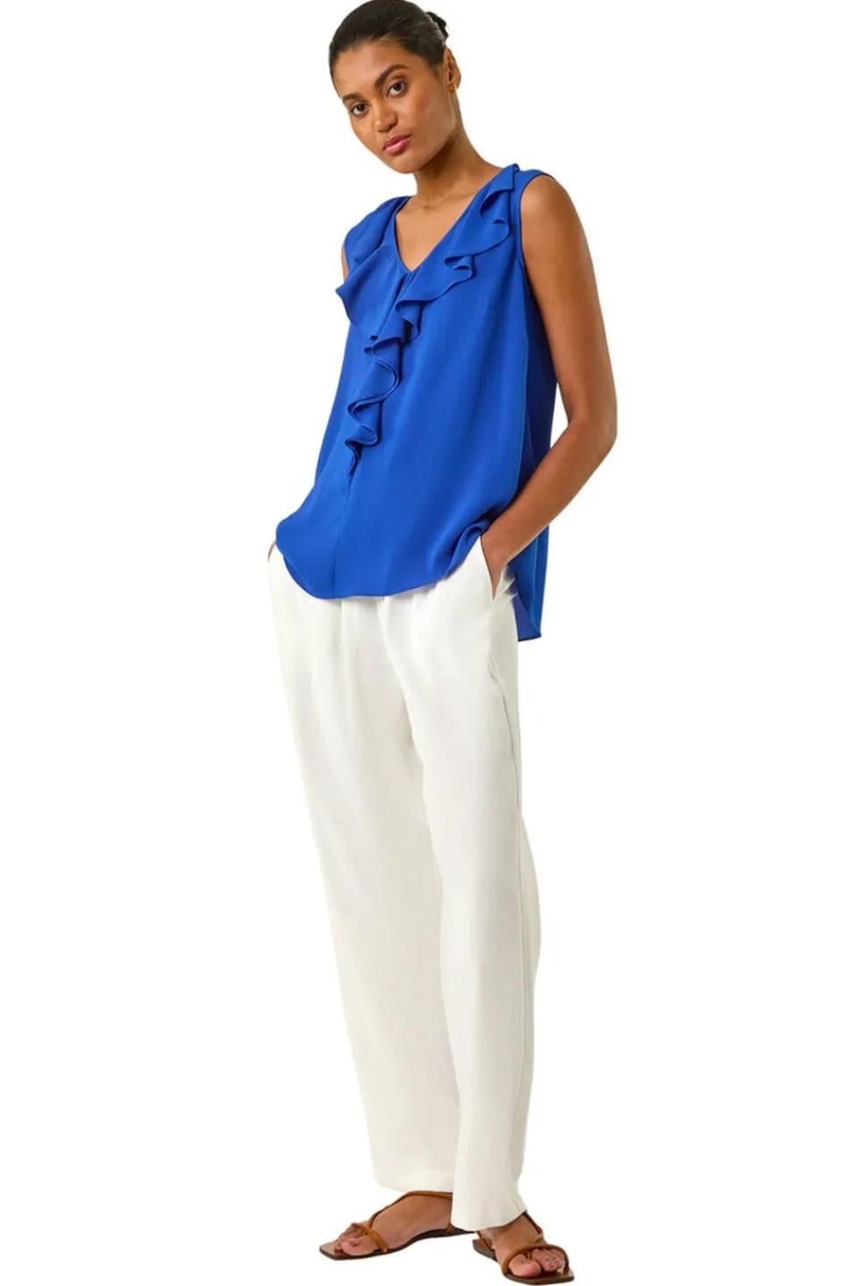 Tops>Roman Royal Blue Ruffle V Neck Vest Top