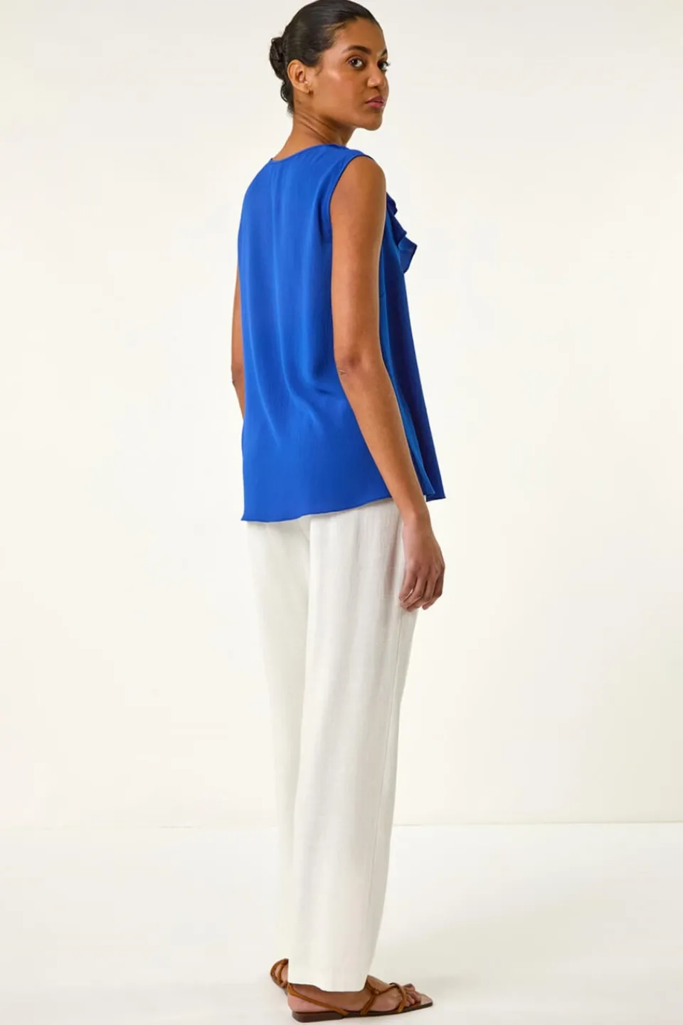 Tops>Roman Royal Blue Ruffle V Neck Vest Top