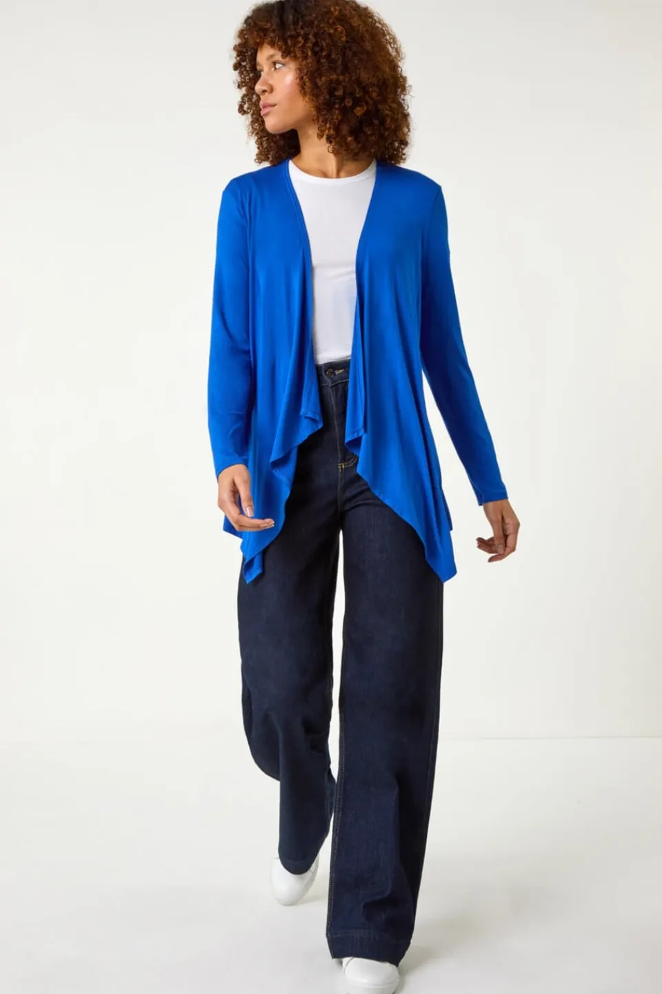 Tops>Roman Royal Waterfall Front Jersey Knit Cardigan Blue