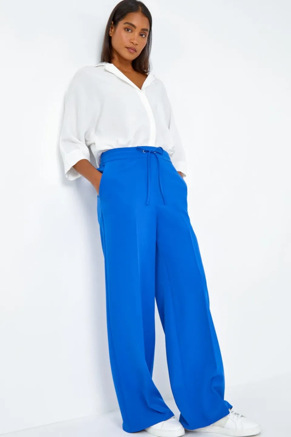 Trousers>Roman Royal Blue Wide Leg Elastic Waist Tie Front Trouser
