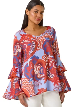 Tops>Roman Rust Paisley Print Flared Sleeve Top
