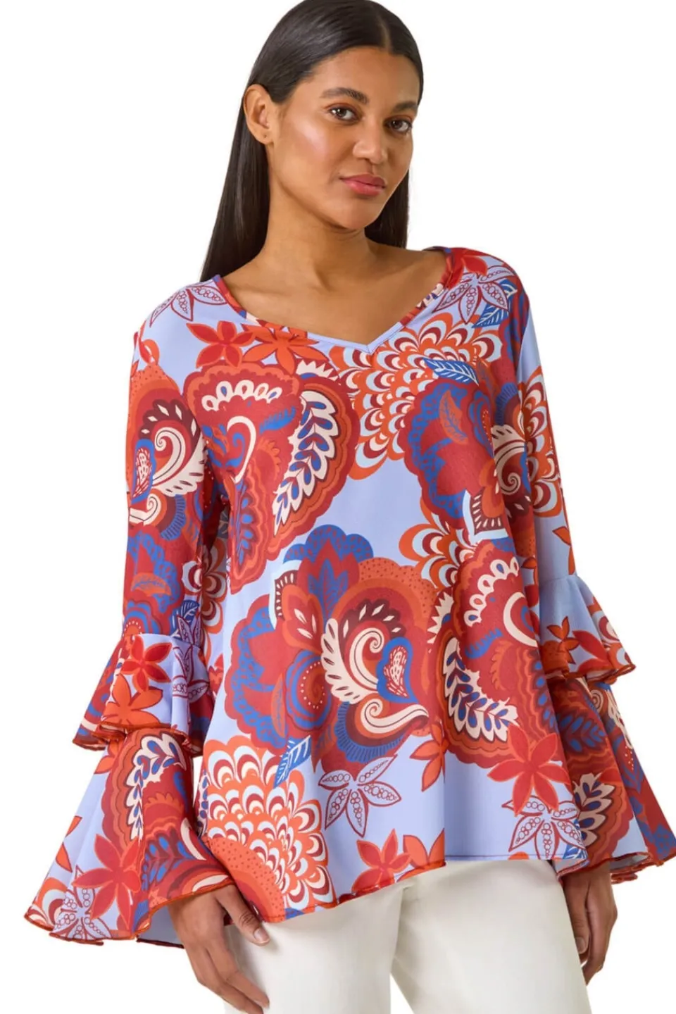 Tops>Roman Rust Paisley Print Flared Sleeve Top
