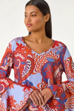 Tops>Roman Rust Paisley Print Flared Sleeve Top