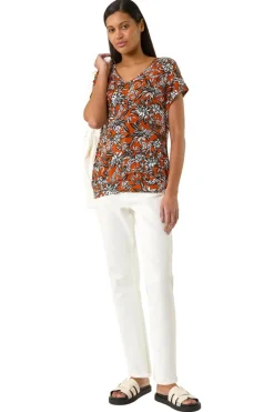 Tops>Roman Rust Printed V Neck Banded Hem Top