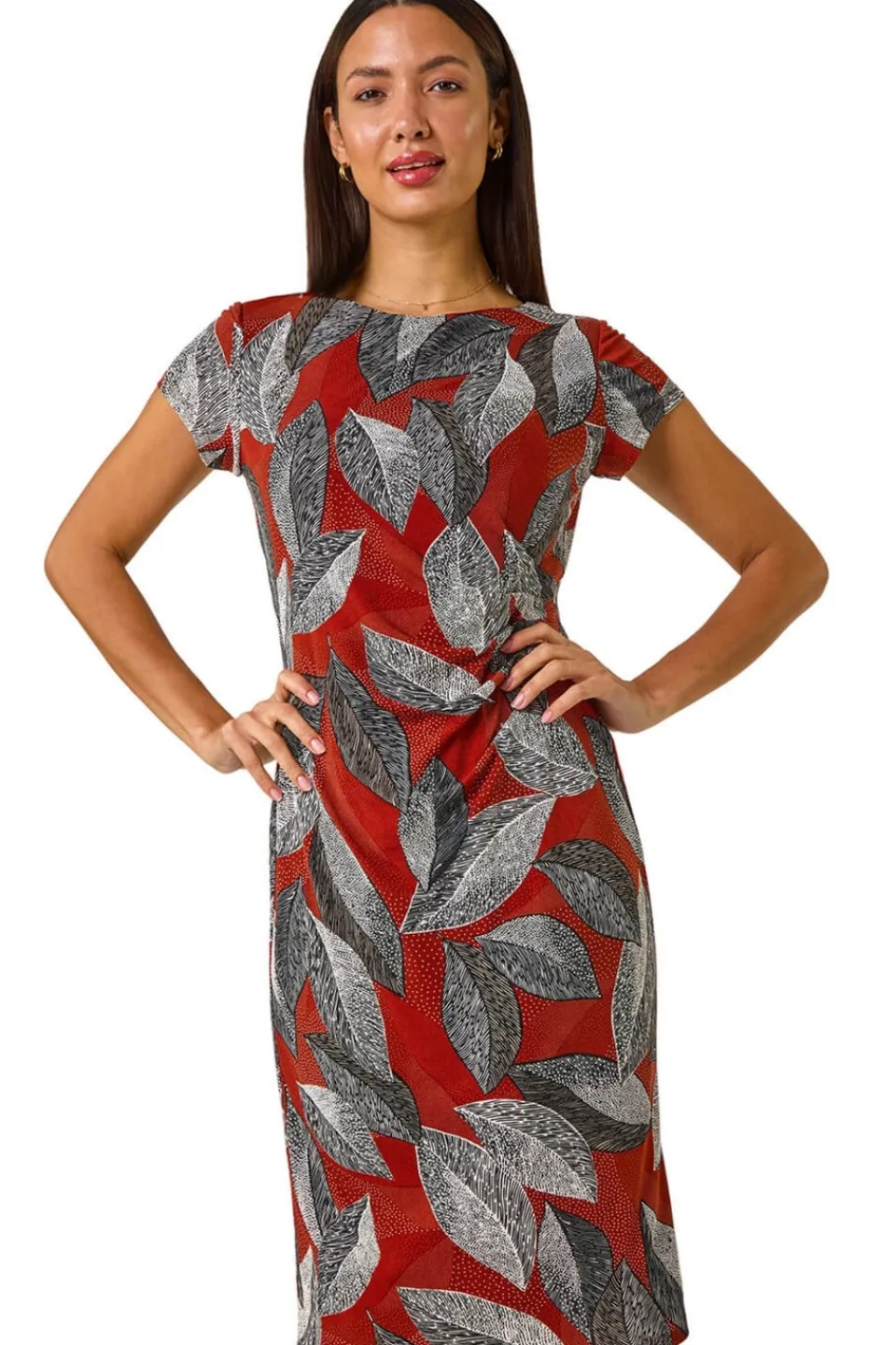 Dresses>Roman Rust Stretch Leaf Print Gathered Shift Dress