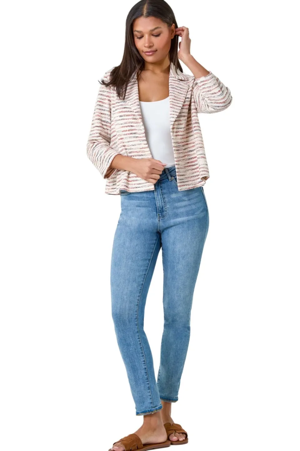 Coats & Jackets>Roman Rust Stripe Textured 3/4 Sleeve Cotton Blend Jacket